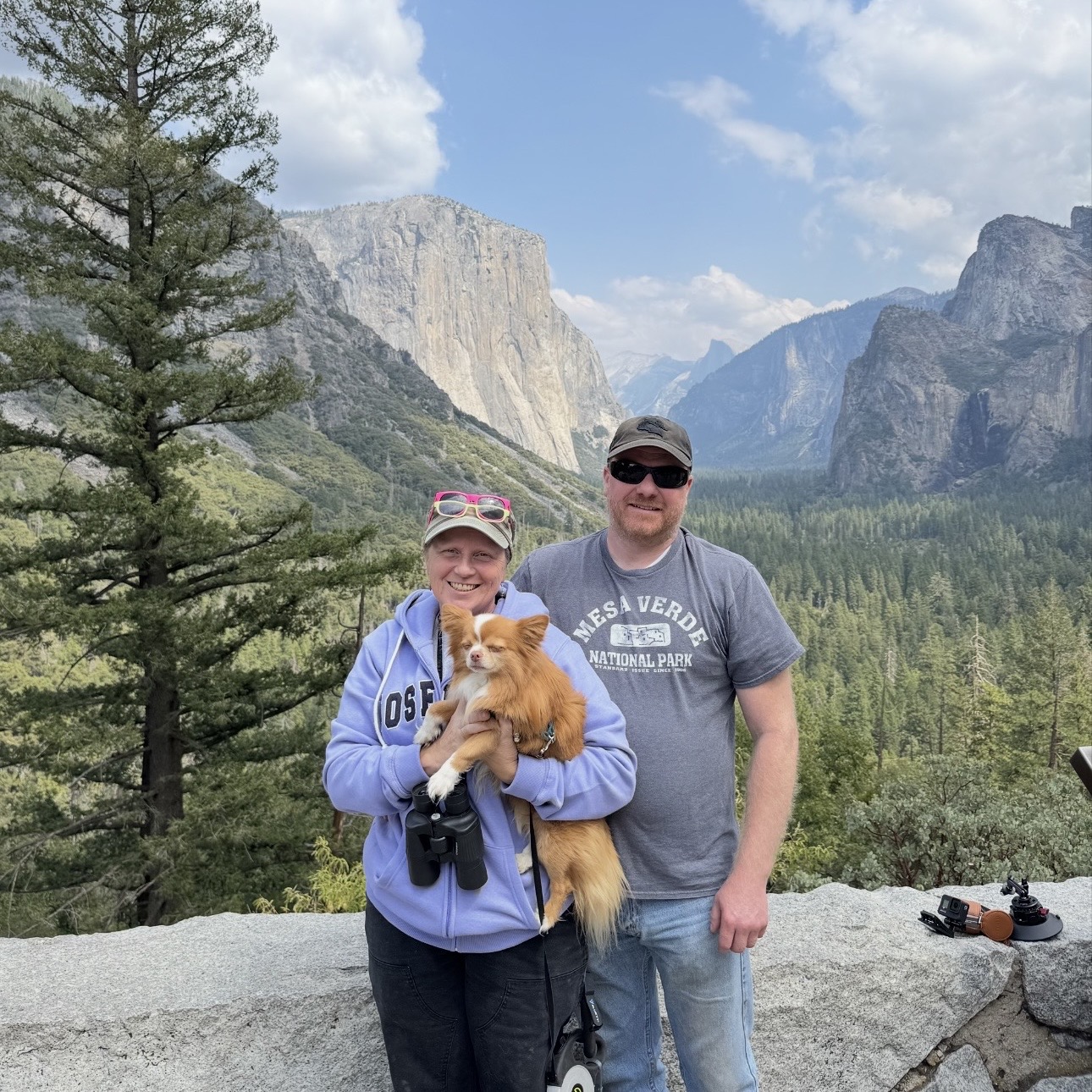 Jean Ball and her husband with their dog at Yosemite National Park